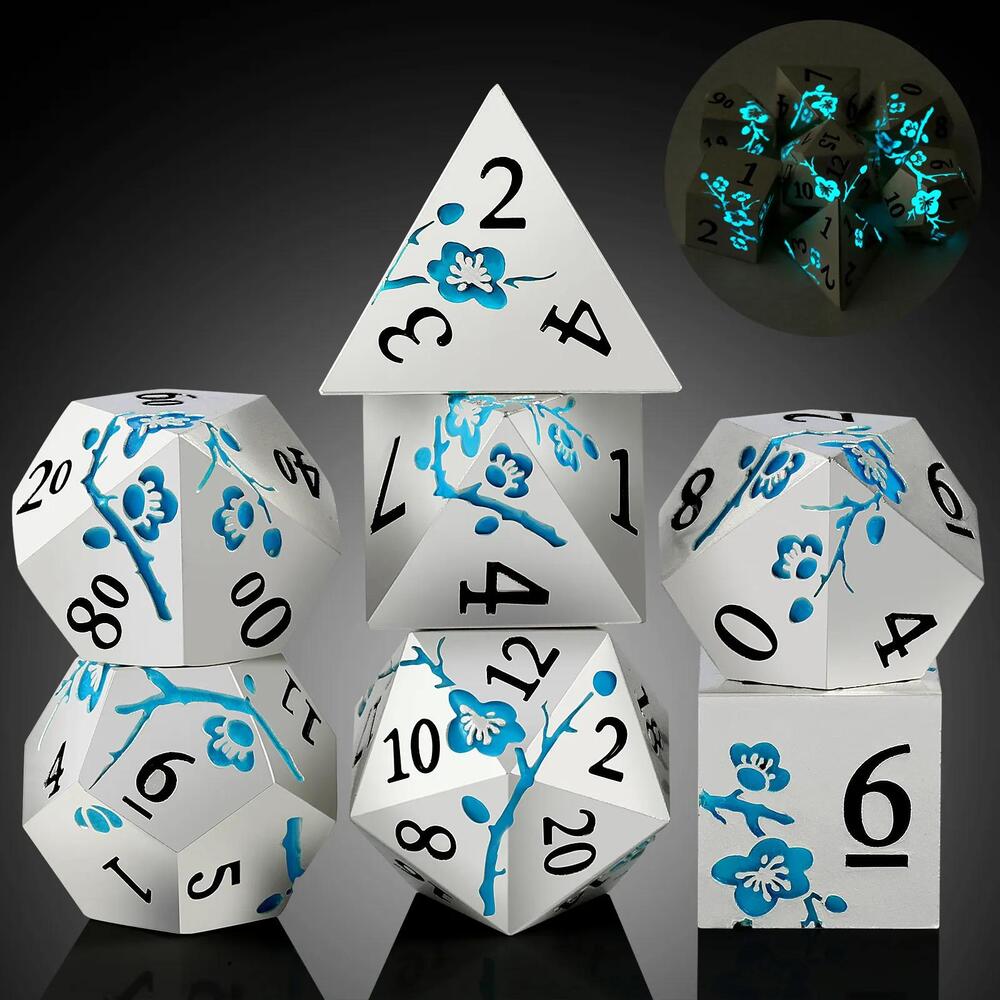 Metal Blue Blossom Dice Glow in the Dark Luminous Set of 7 D4 to D20 D&D TTRPG